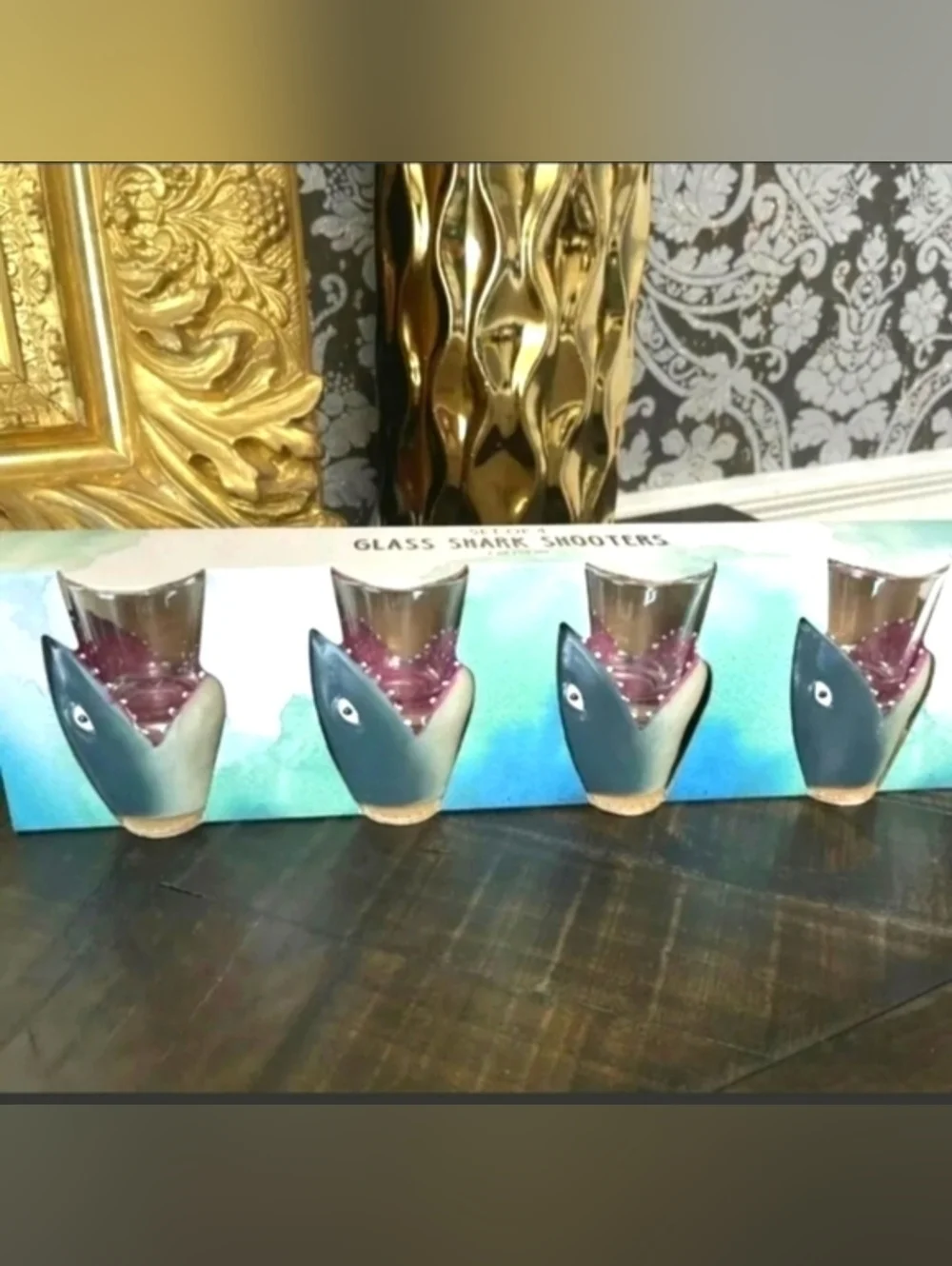 Set OF 4 GLASS SHARK SHOOTERS, SHARK SHOT GLASSES 2 OZ Coastal Nautical Sea Life